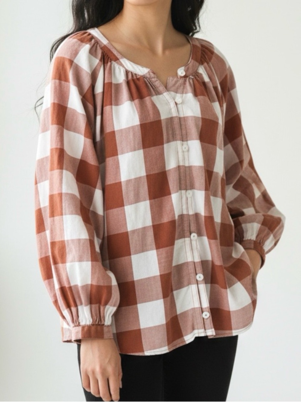 Duluth Peasant Blouse Rust & White Gingham Button Front Long Sleeve Top Size S - Picture 1 of 9